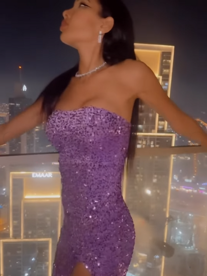 Sparkly Purple Strapless Sequin High Slit Mermaid Evening Dress Long Wedding Guest Dress Party Dress D1969