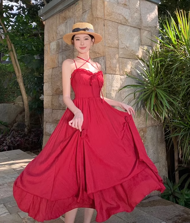 Photo-taking temperament romantic red rose lace-up large waist slimming suspender dress R0188