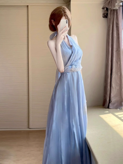 Blue V-neck halter dress for women French gentle temperament holiday style waist A-line long skirt R0427