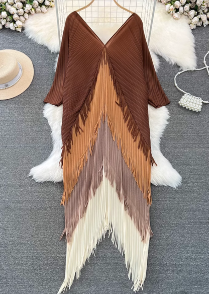 Temperament Sanyake pleated long-sleeved V-neck backless loose tassel gradient color irregular dress R0402