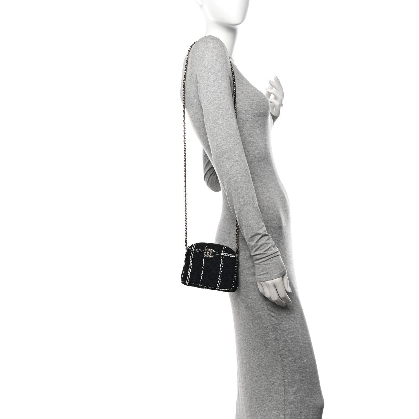 Tweed Quilted Mini Clutch With Chain Black White