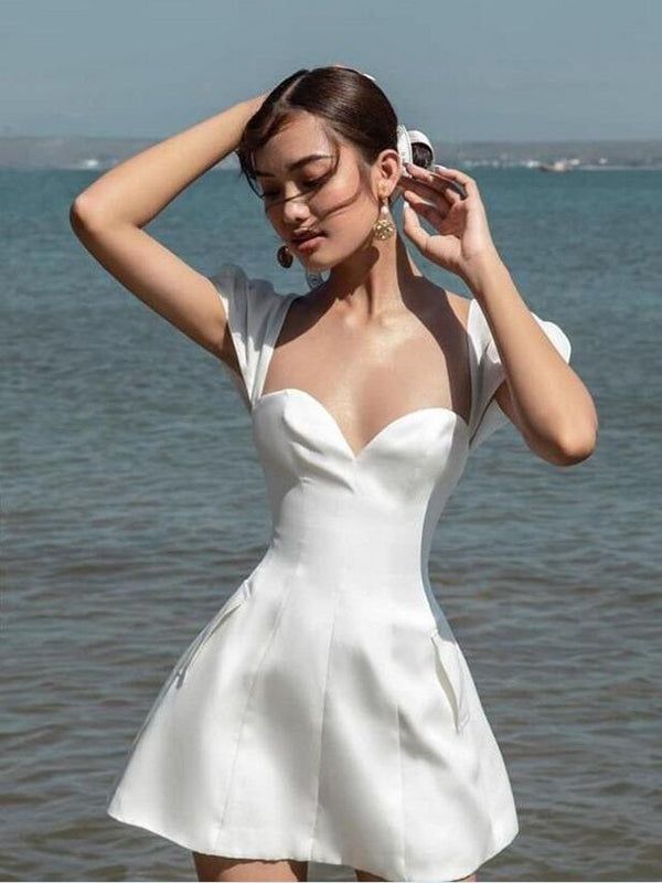 White waist A-line short skirt homecoming dress R3242