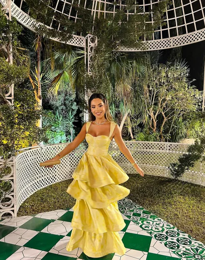 Pastel Yellow Ruffle Tiered A-Line Long Party Prom Dress MD7722