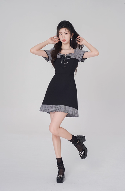 Women's summer square neck high waist straight skirt summer fungus plaid short skirt R4500