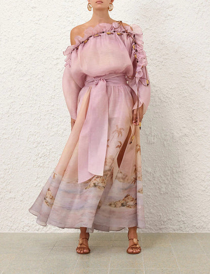 ZIMMER SILK MIDI DRESS IN PASTEL BLUE-GREEN AND LIGHT PURPLE