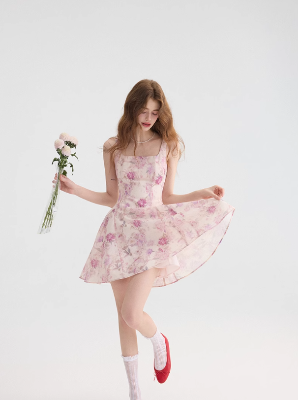 Floral suspender skirt outfit with waist-pinching dress pink short skirt for women in summer R3458