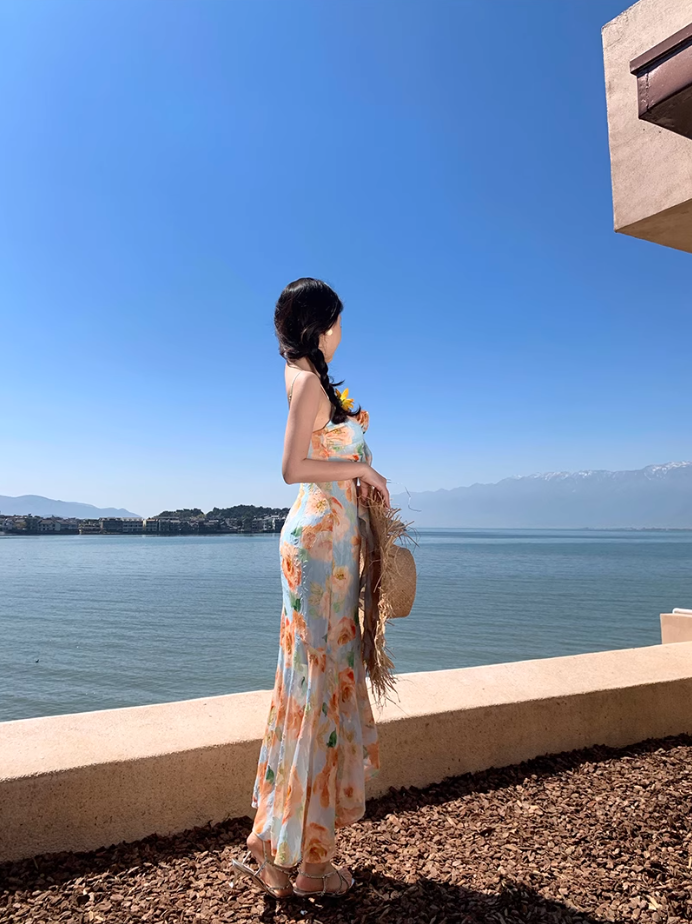 Retro floral suspender dress, beautiful temperament beach dress R0602
