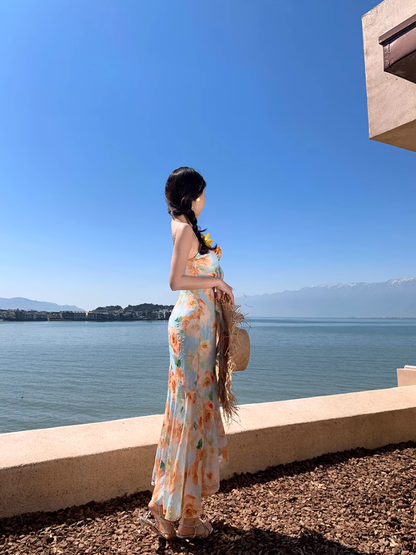 Retro floral suspender dress, beautiful temperament beach dress R0602