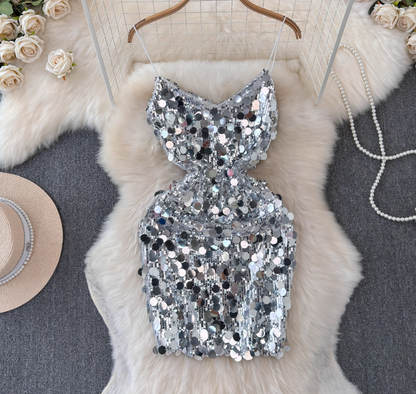 Light luxury heavy sequins celebrity niche banquet dress skirt sexy backless suspender dress R0320