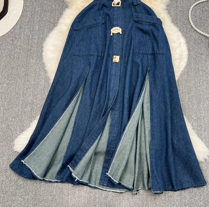 Retro lapel hollow exposed waist waist slimming sleeveless single-breasted A-line split denim dress R0375