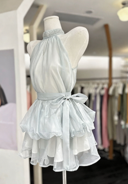 Simple Homecoming Dress Halter Pearl Back to School Outfits Party Dress  D6581