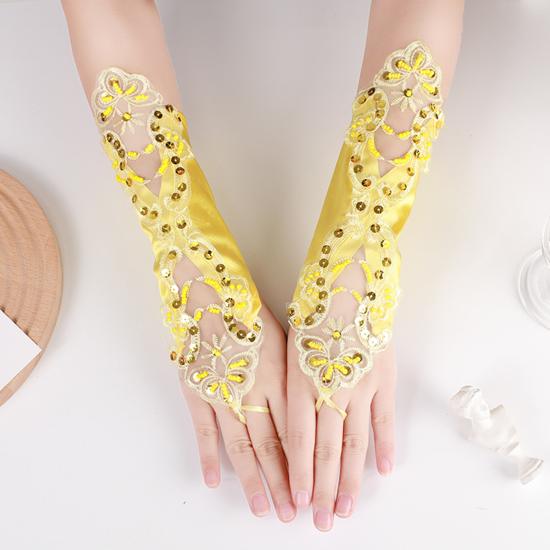 Hollow gloves wedding dress long lace embroidery nail beaded fingerless wedding gloves hook finger     S6250
