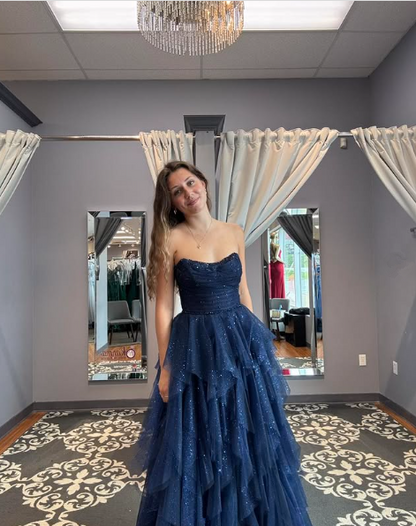 Sparkly Tulle Sequins Evening Dress,Navy Blue A Line Prom Dress Y8146