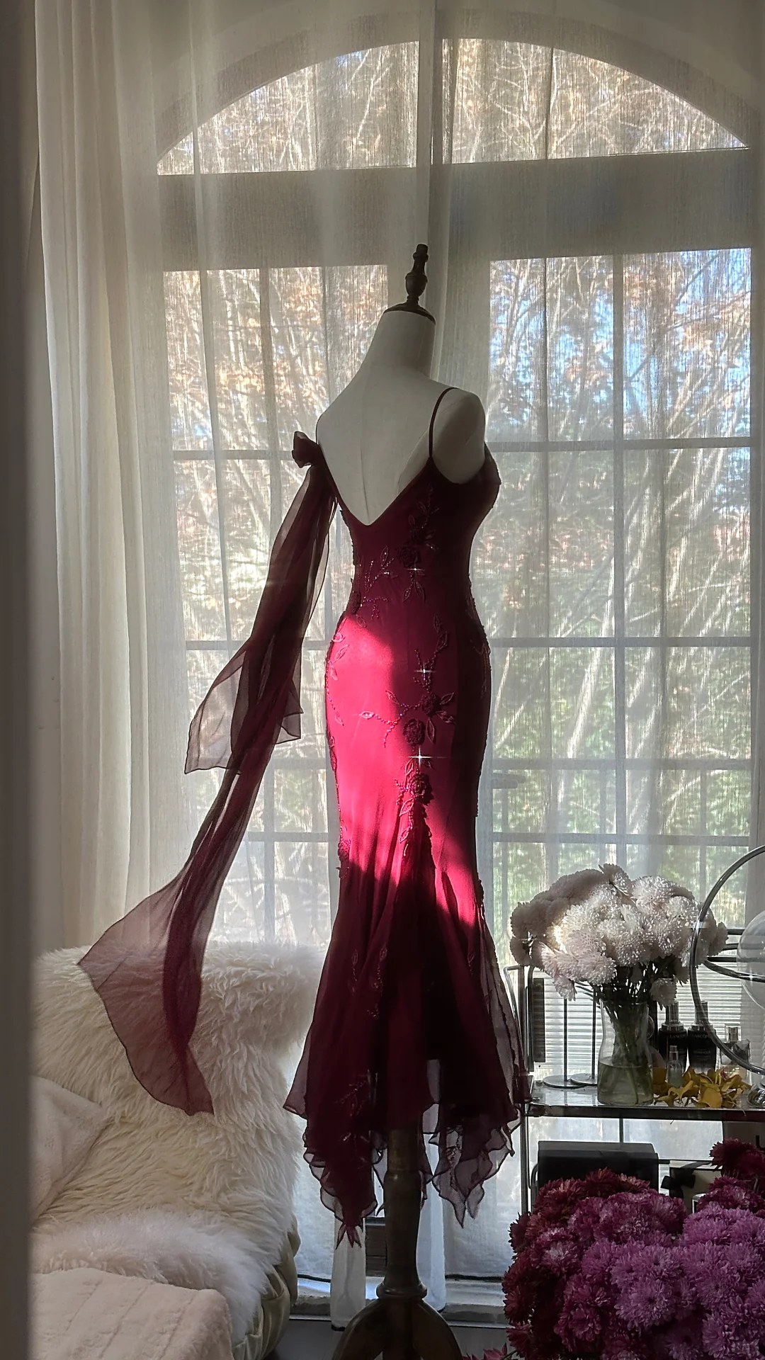 Elegant Burgundy Spaghetti Strap Gorgeous Beaded Shinny Chiffon Evening Dress Prom Dress D1472