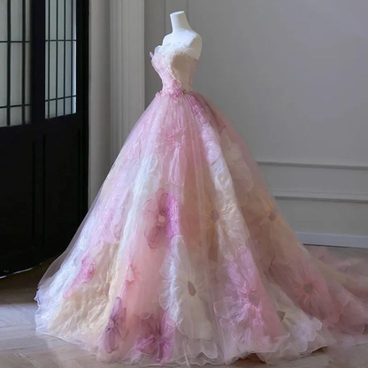 Fairy Pink 3D Appliques Flower Formal Ball Gown Elegant Strapless Sweet 16 Dress cc1618