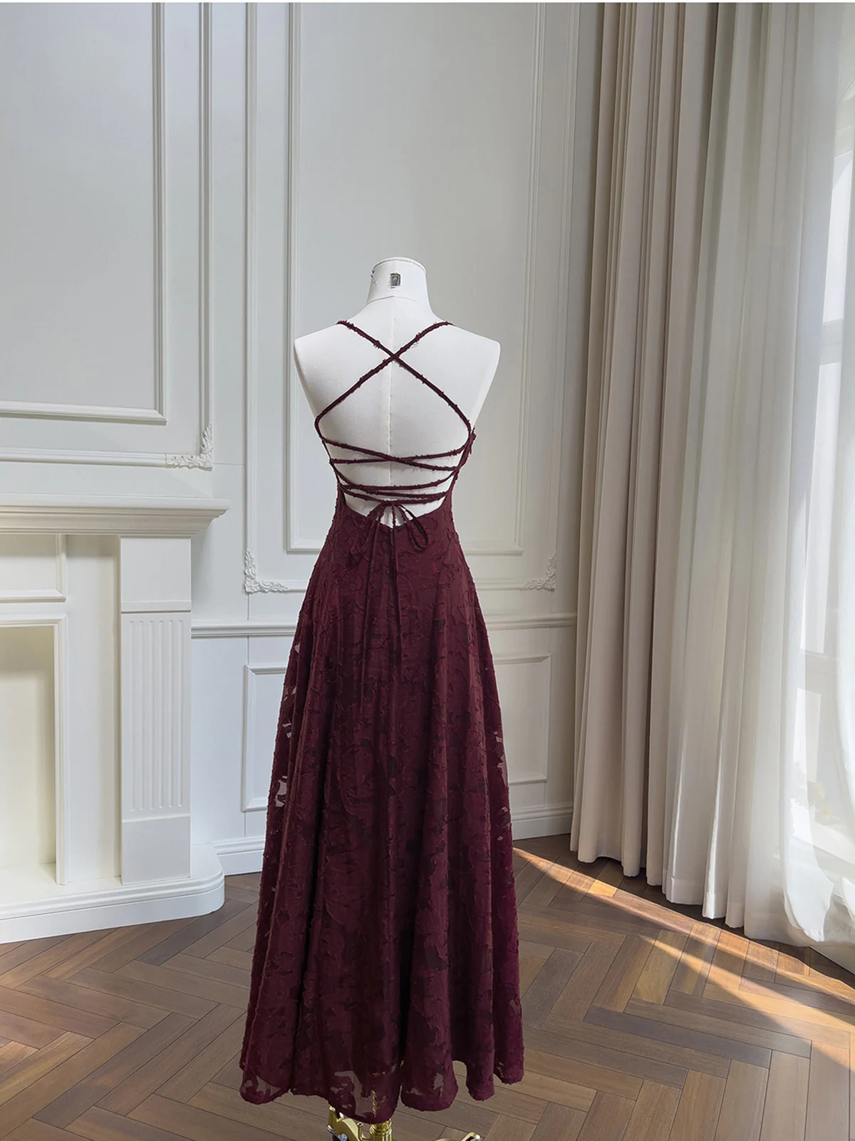Wine Red Lace Cross Back Party Dress Prom Dress, Wine Red A-line Evening Dress  fg8740