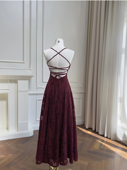 Wine Red Lace Cross Back Party Dress Prom Dress, Wine Red A-line Evening Dress  fg8740
