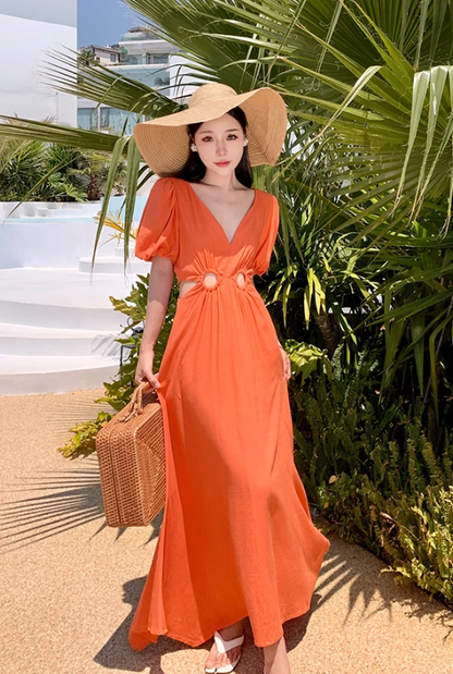 Orange V-neck French puff sleeve dress Hot girl hollow waist design high-end seaside holiday dress R0202