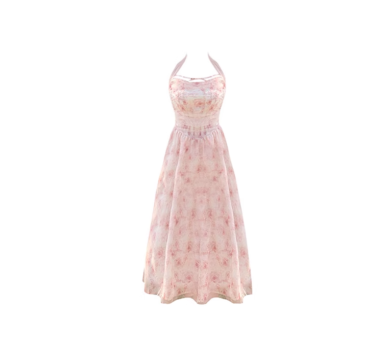 Summer new Korean style slim pink rose chiffon halter dress seaside holiday long dress R0103