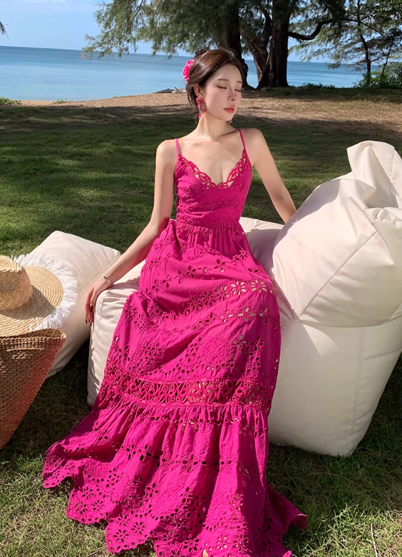 French retro heavy hollow flower embroidery design rose red suspender dress waist lace long skirt R0205