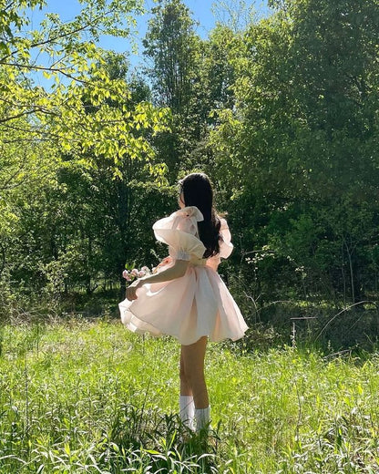 Light pink puff sleeve waist slim fit puffy princess skirt homecoming dress R3507