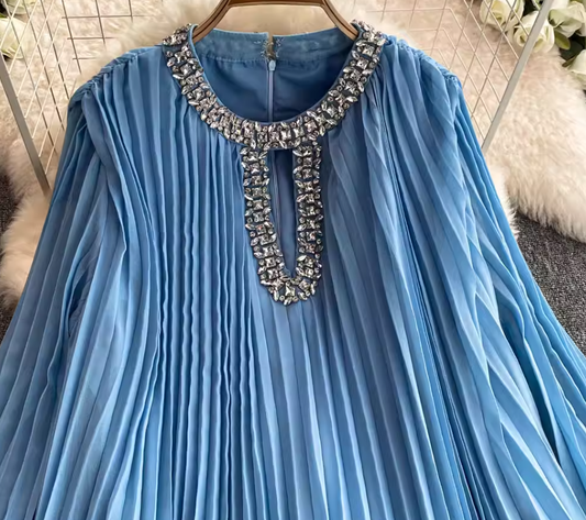New French retro diamond round neck loose long trumpet sleeve pleated dress R0311