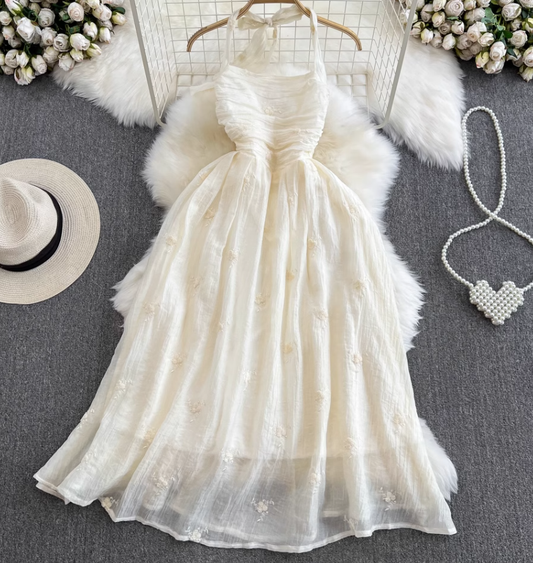 Light luxury temperament halter neck backless waist A-line embroidered dress seaside holiday long skirt R0379