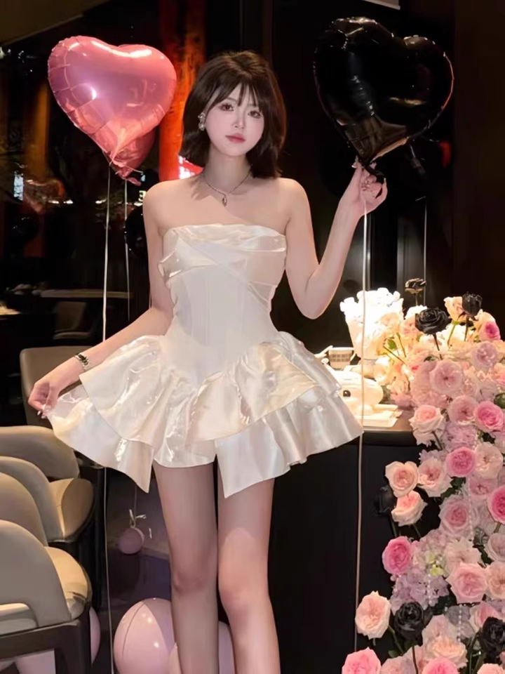 Cute White Strapless Ruffled Hem Design A-line Satin Party Dress Homecoming Dress, D1393