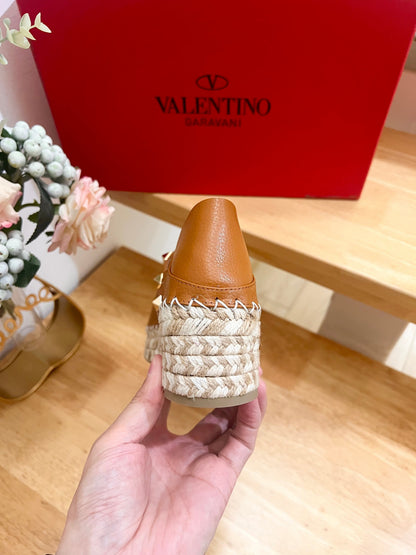 Valentino Rockstud Embellished Slip On Espadrille BRown Cowhide 240573