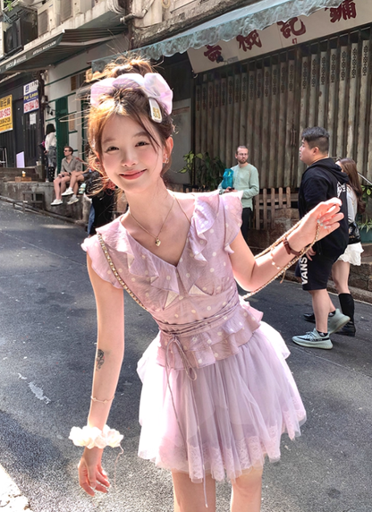 High waist short A-line pleated mesh skirt for women summer French style tall and slim skirt R4823