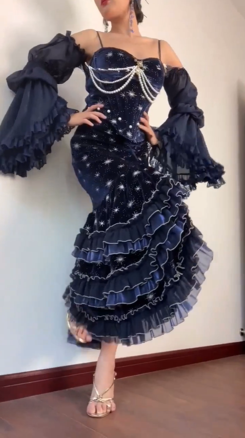 Prom Dress Dark Navy Spaghetti Straps Mermaid Layers Ruffles Sexy Evening Dress Birthday Outfits, D827