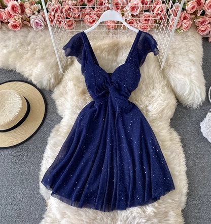 French retro Hepburn style little black dress sexy waist slim sequined low-cut V-neck A-line dress R0343
