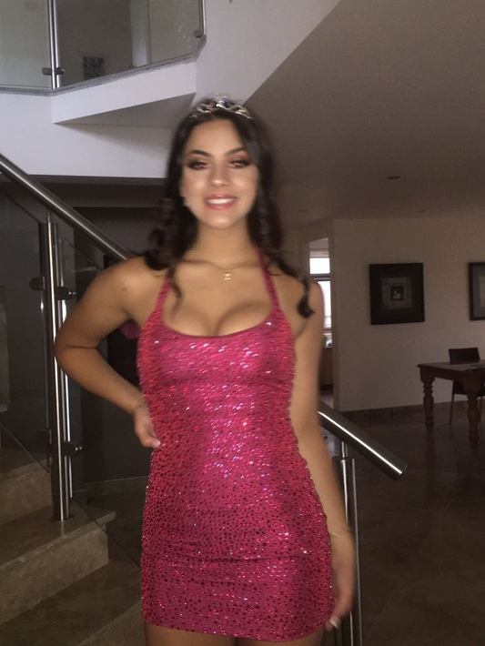 Sparkly Pink Halter Sequin Sheath Short Prom Dress Formal Graduation Homecoming Dress D122