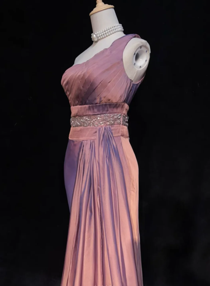 Pretty One Shoulder Pink Satin Pleated Beaded Mermaid Long Evening Dress Formal Birthday Party Dress D1847