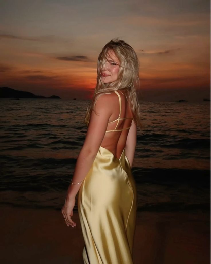Sexy Spaghetti Straps V Neck Backless Yellow Long Party Dress Prom Gown