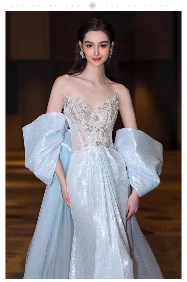 Glamorous Blue Strapless Tulle Sequin Beaded Mermaid Long Evening Dress Prom Dress D2216