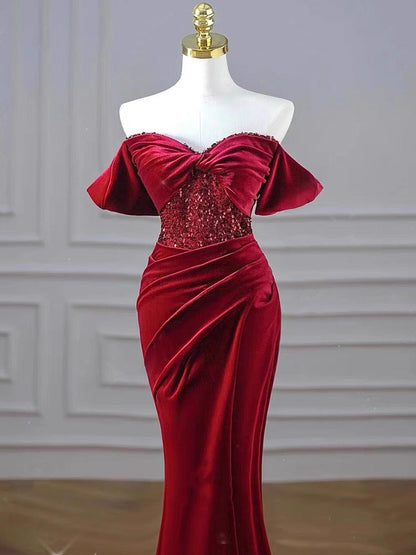 Charming Burgundy Velvet Mermaid Prom Dress Y6602
