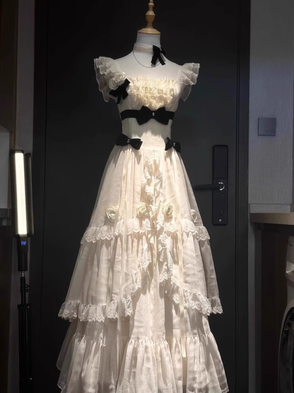 Chic Ball Gown Square Neckline Floral Ivory Lace Party Dresses Birthday Outfits With Black Bowknots