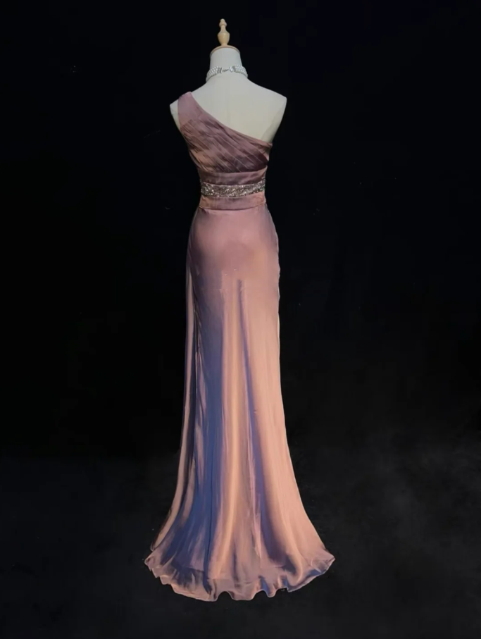 Pretty One Shoulder Pink Satin Pleated Beaded Mermaid Long Evening Dress Formal Birthday Party Dress D1847