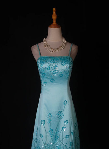 Gorgeous Blue Spaghetti Straps Satin Beaded Mermaid Long Birthday Prom Dress Party Dress D2275