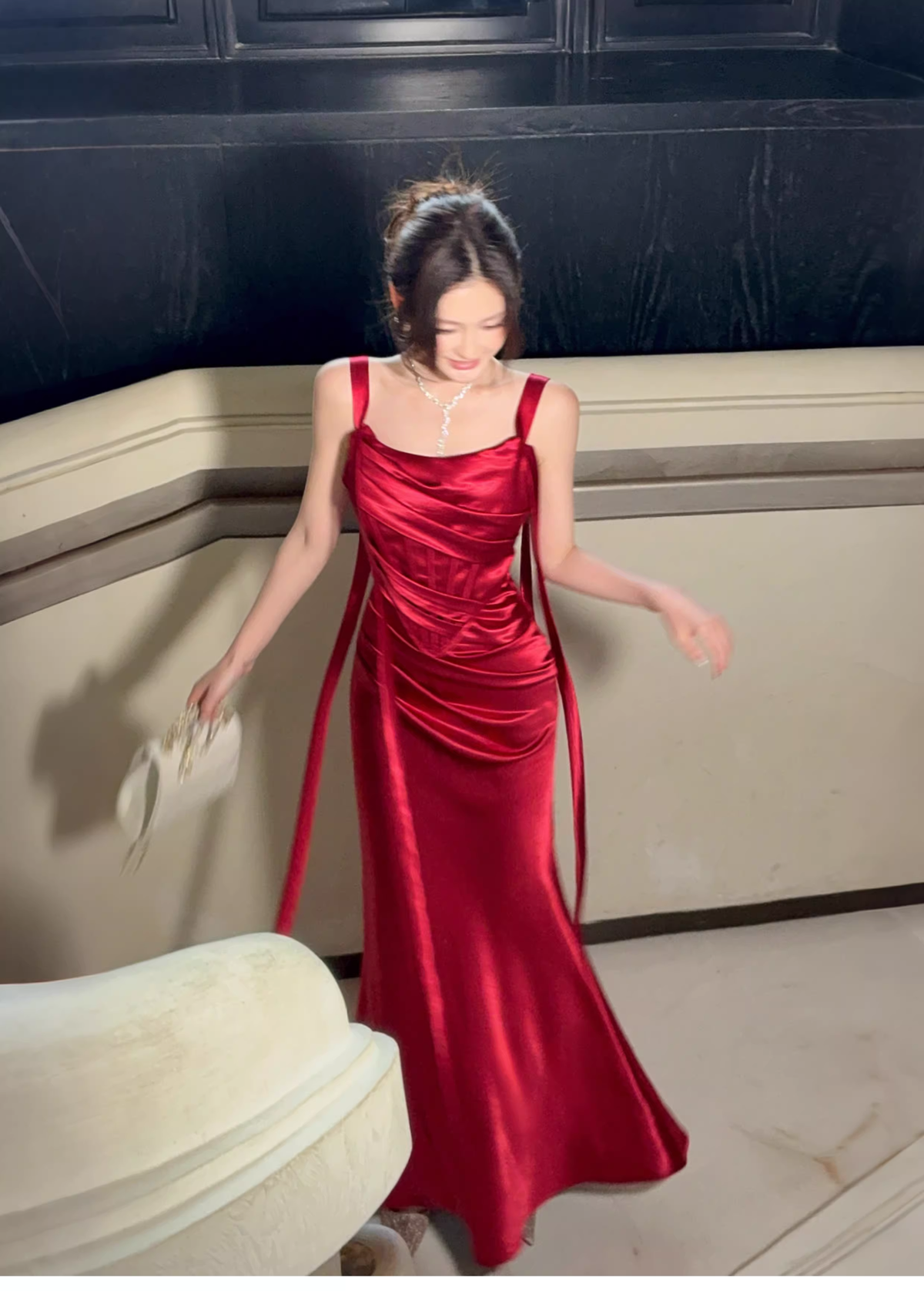 Charming Spaghetti Straps Red Satin Pleated Mermaid Long Wedding Guest Dress Party Dress SP1504