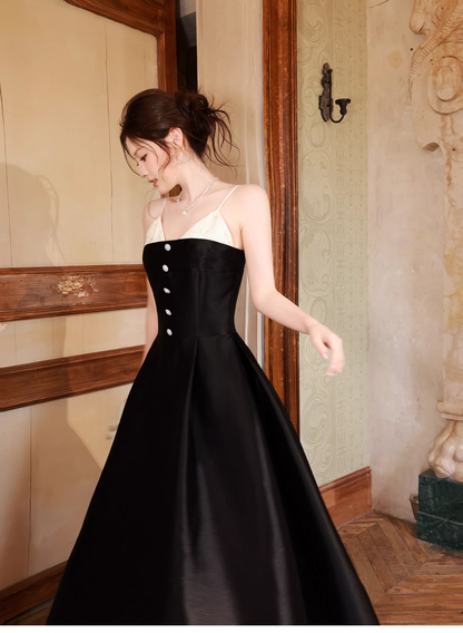 Pretty Spaghetti Straps V Neck Satin A Line Long Evening Dress Black Birthday Dress SP1655