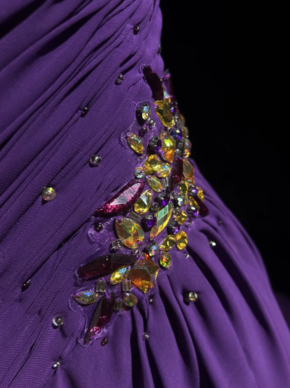 Classy One Shoulder Chiffon Pleated Beaded Mermaid Long Evening Dress Party Gown Purple Formal Wedding Guest Dress