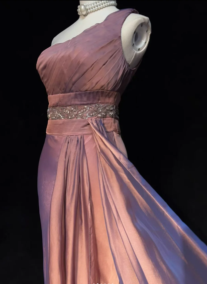 Pretty One Shoulder Pink Satin Pleated Beaded Mermaid Long Evening Dress Formal Birthday Party Dress D1847