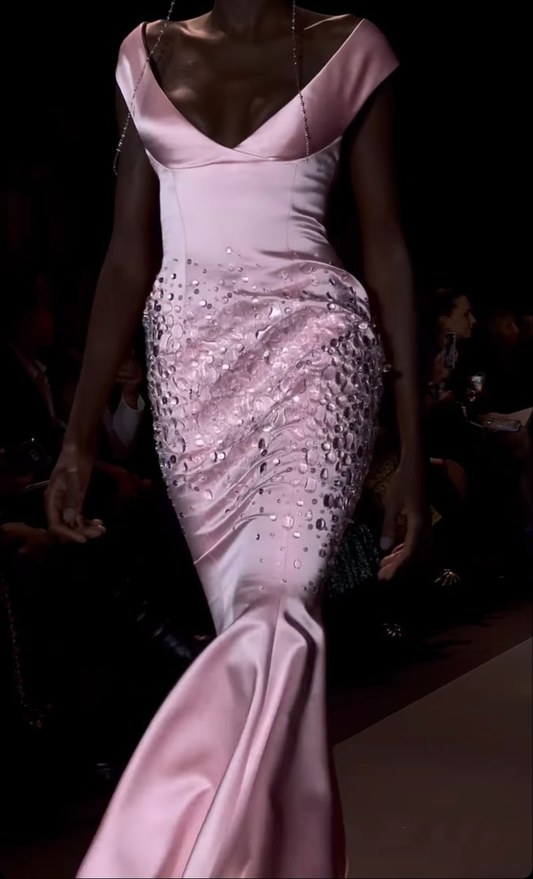 Trendy Pink Off The Shoulder Satin Beaded Mermaid Evening Dress Birthday Outfits SP793