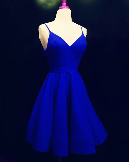 Spaghetti Straps V-neck Satin Homecoming Dresses Ball Gown Party Dress c2642