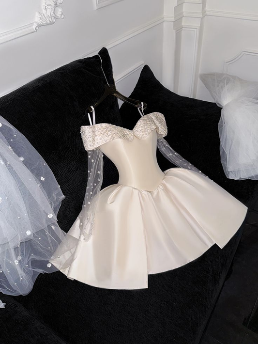 Classy Light Champagne Satin Off The Shoulder Birthday Outfits Homecoming Dress S225