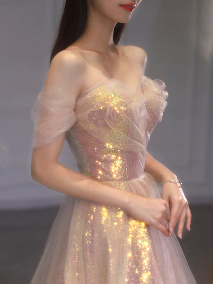 A Line Tulle Sequin Long Prom Dress, Off Shoulder Formal Graduation Dress Y1491