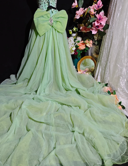 Unique Green Strapless Satin Tulle Beaded Long Birthday Party Dress Prom Gown