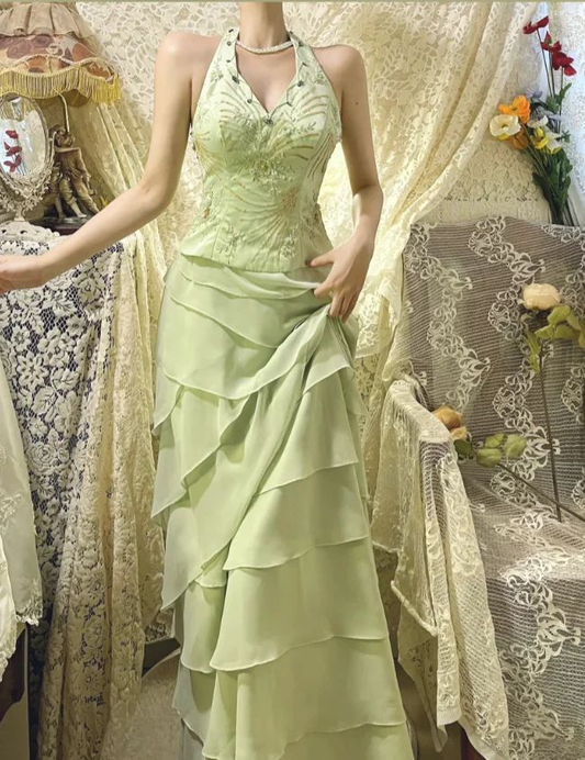 Classy Green Halter V Neck Chiffon Beaded Layered Mermaid Long Party Dress Evening Gown